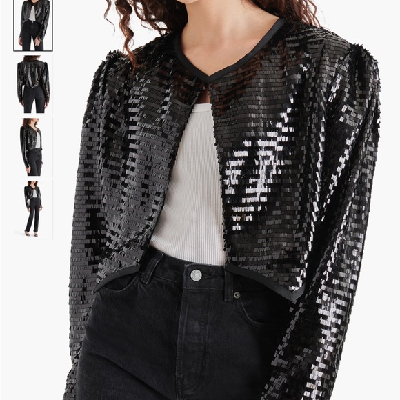 NWT Steve Madden Juliet Sequin Cropped Jacket Size XS S black NEW shoulder pads - Picture 1 of 16